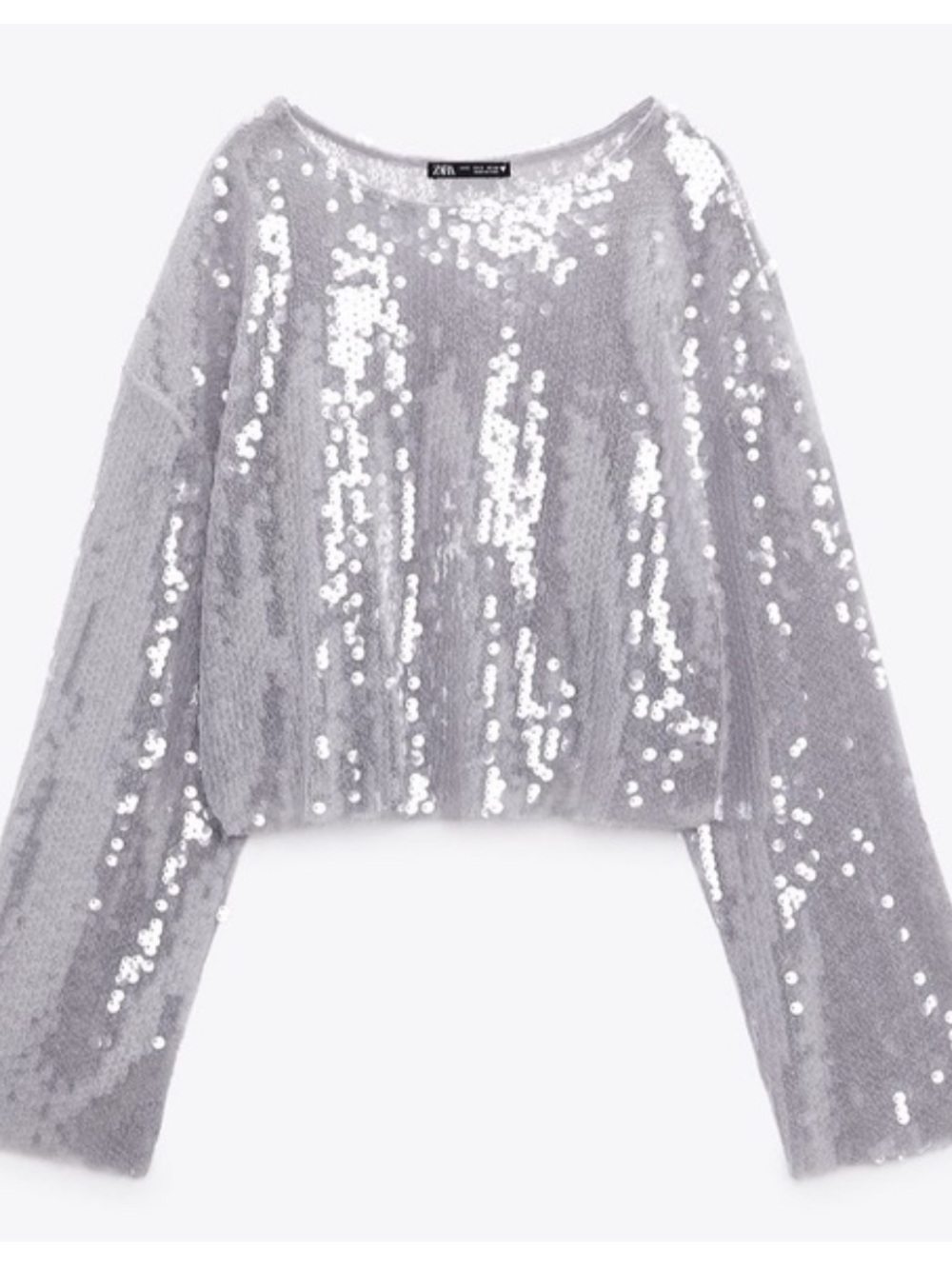 NWT Zara Silver Sequin Cropped Crewneck Sweater